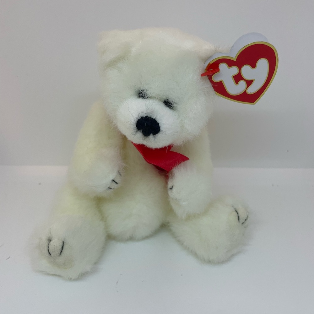 Ty White Plush Teddy Bear with Red Scarf and Heart Tag